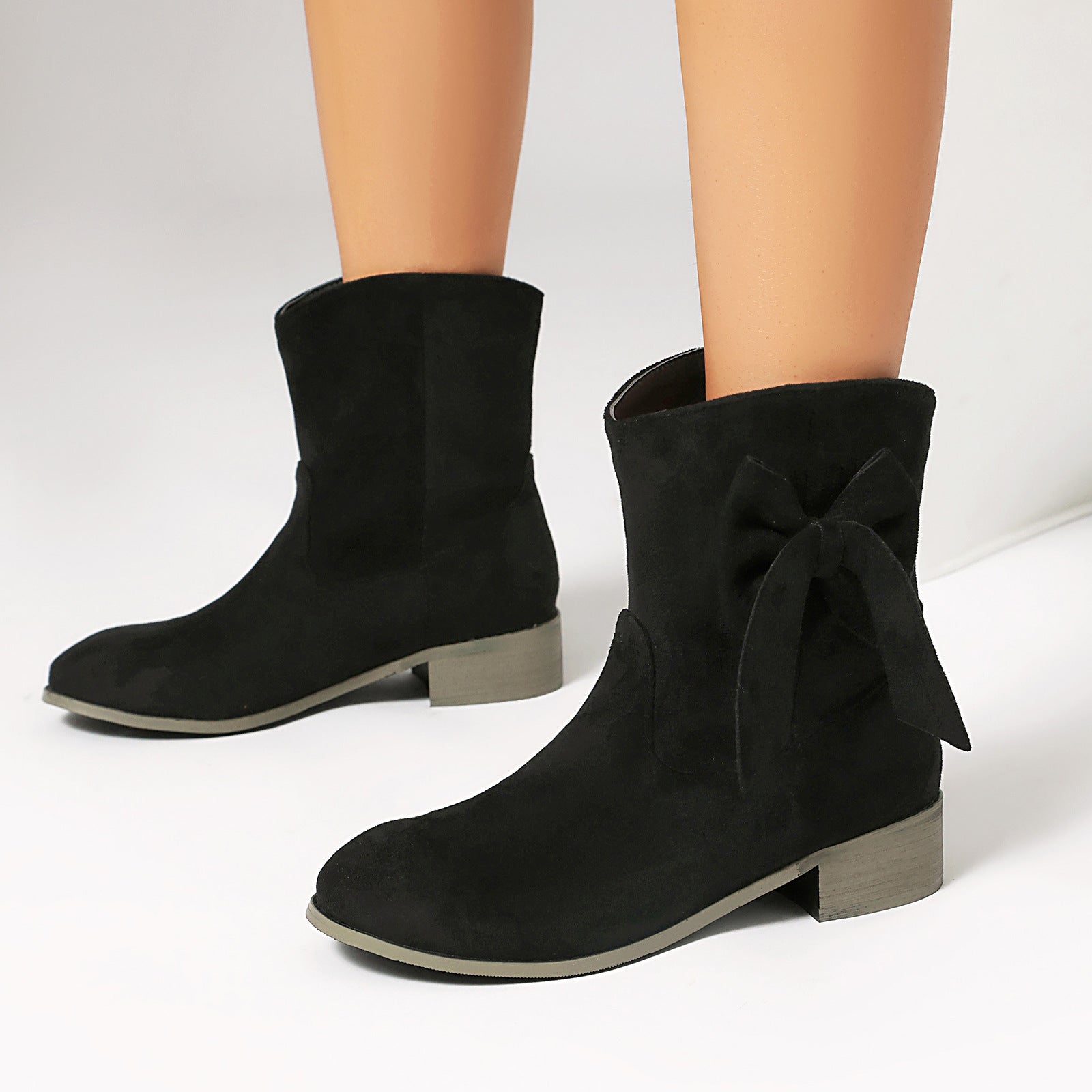 Botines casuales de tacón bajo de gamuza con lazo dulce talla grande