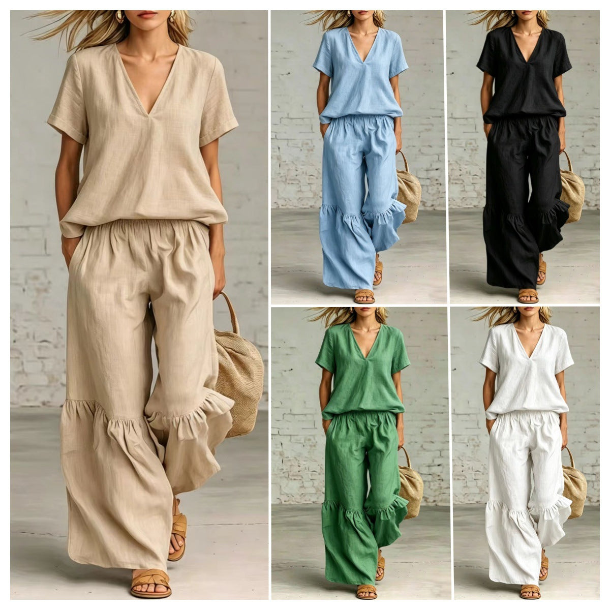 Conjunto de pantalón y top de manga corta suelto con cuello en V – 7 colores, S–5XL