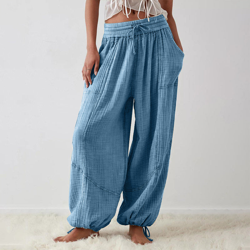 Pantalones de pernera ancha de color liso para mujer – Cintura elástica con cordón y bolsillos laterales