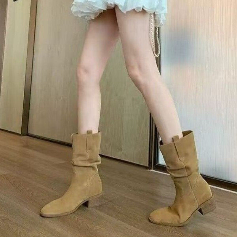 Botas cortas vaqueras de cuero de vaca plisadas de estilo occidental para mujer, de otoño