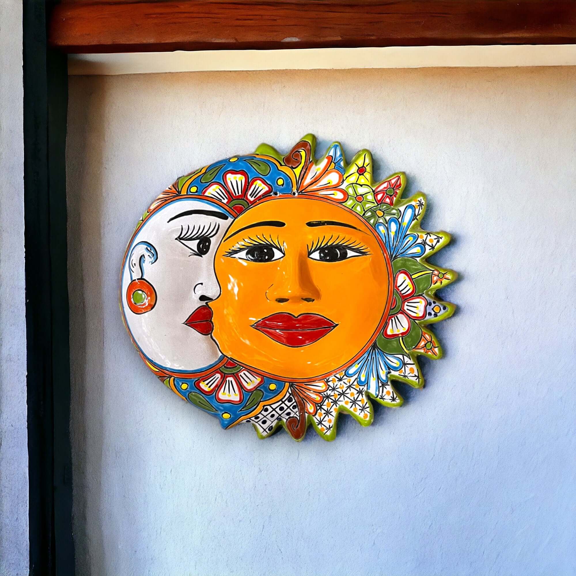 Arte de pared de sol y luna Talavera extra grande | Decoración de eclipse mexicana hecha a mano