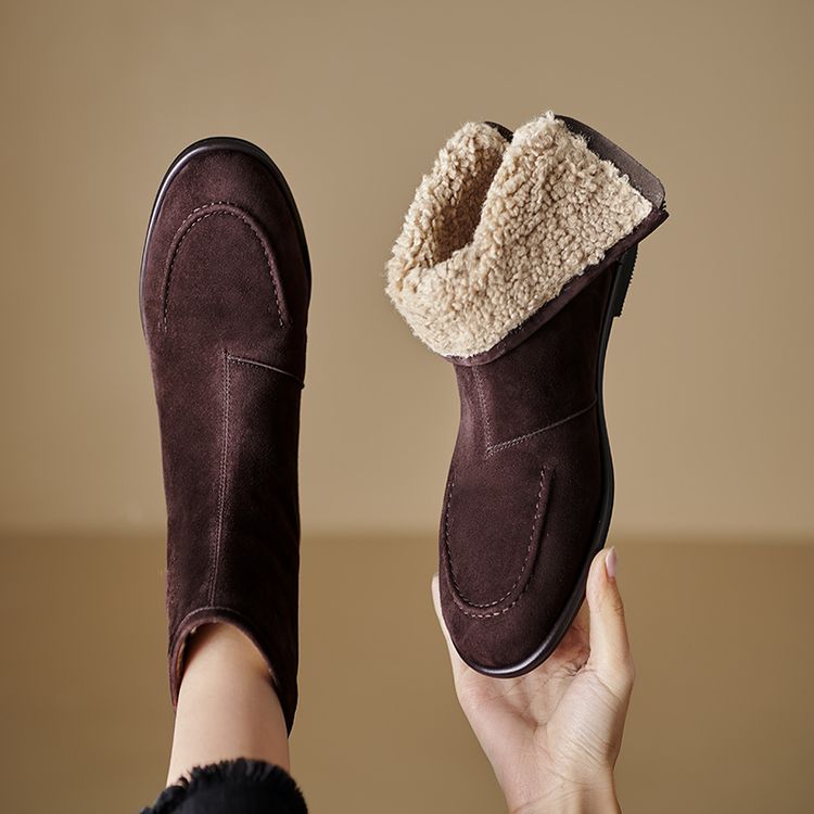 Botines de mujer con forro polar - Botines de invierno de tacón bajo con punta redonda