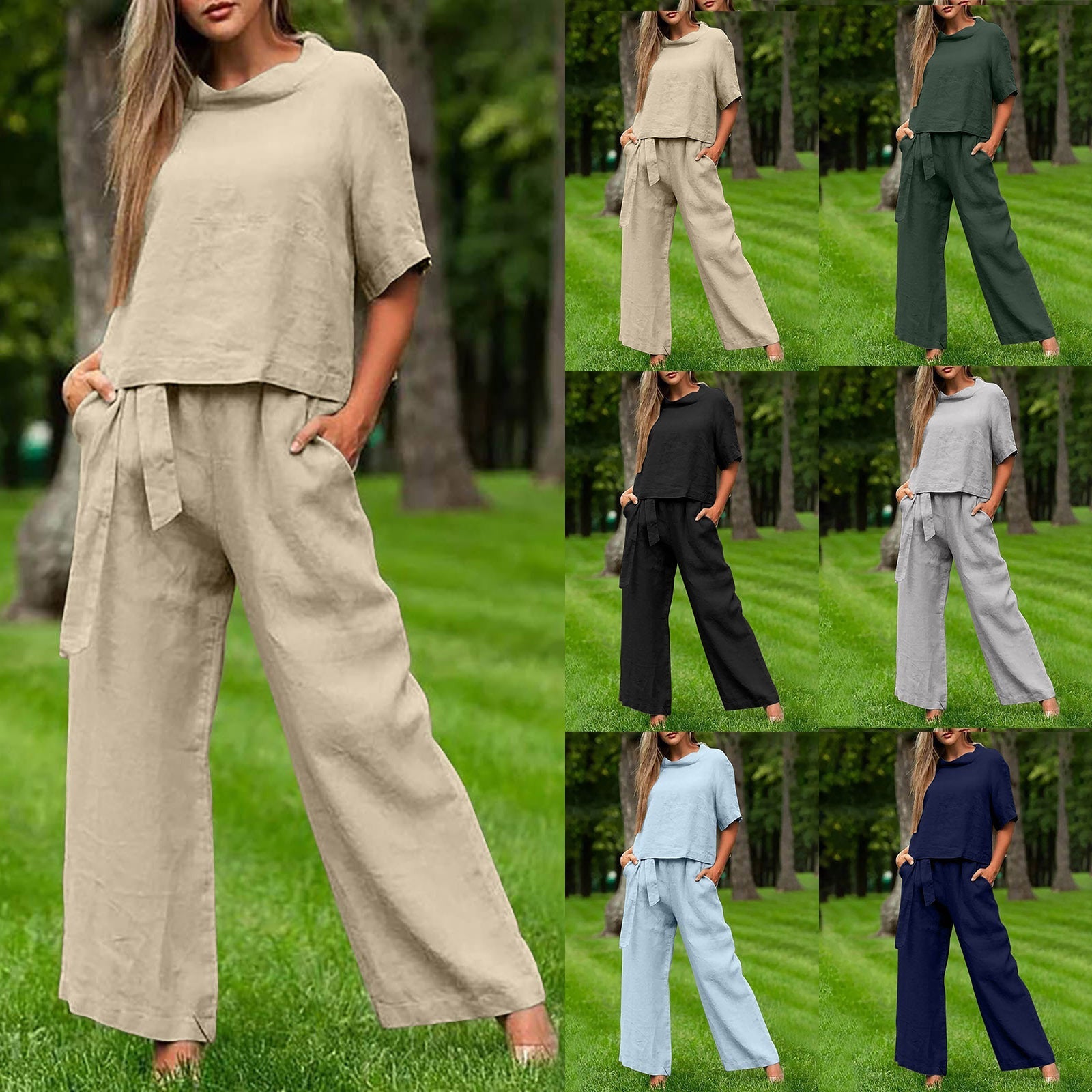 Conjunto de dos piezas de top y pantalón con cuello redondo y manga 3/4 – 6 colores, tallas S-XXL