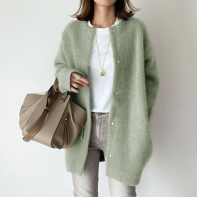 Abrigo de paño de mujer tipo lana oversize — Liso, manga larga con botones, tipo gabardina