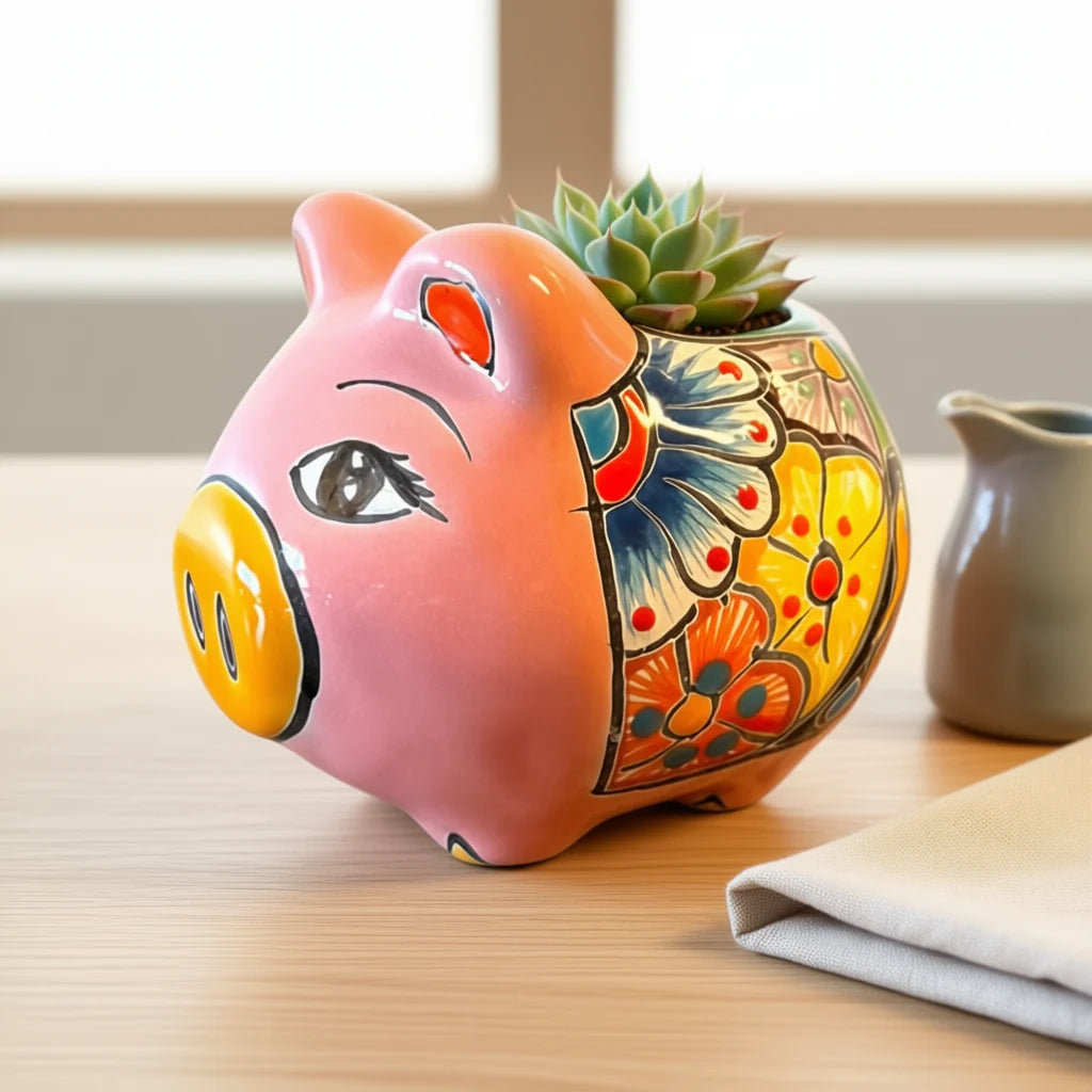 Maceta de cerdo Talavera mexicana | Decoración de cerámica vibrante hecha a mano