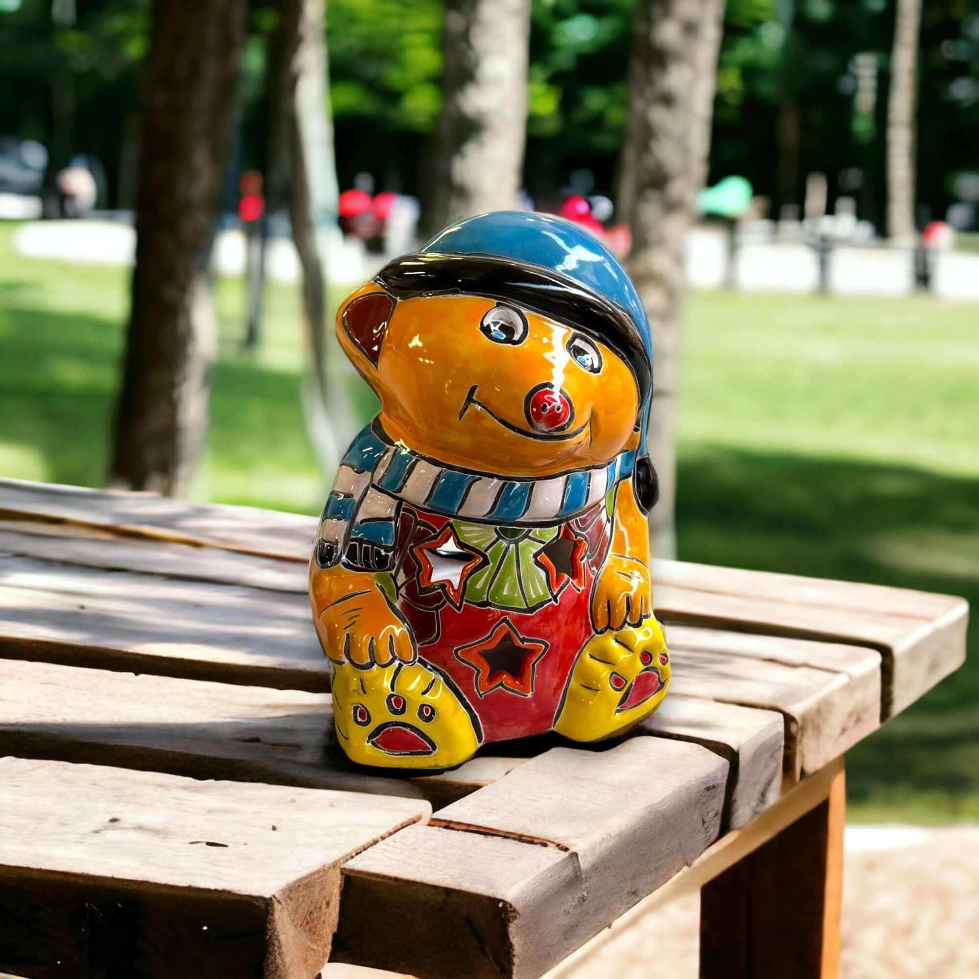 Estatua de Oso de Peluche Talavera Pintada a Mano | Decoración Festiva de Navidad (Tamaño Mediano)