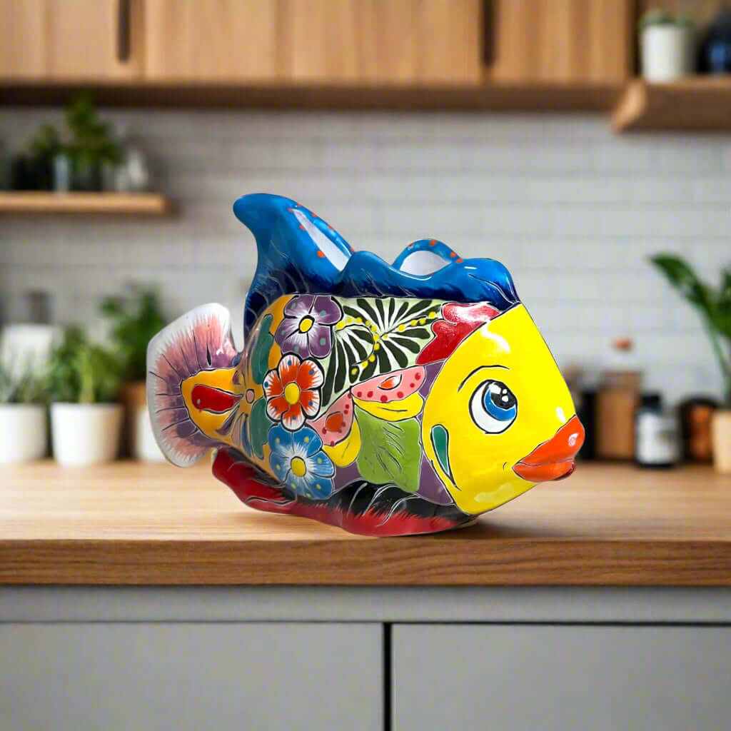 Maceta de pescado de Talavera | Cerámica mexicana colorida pintada a mano