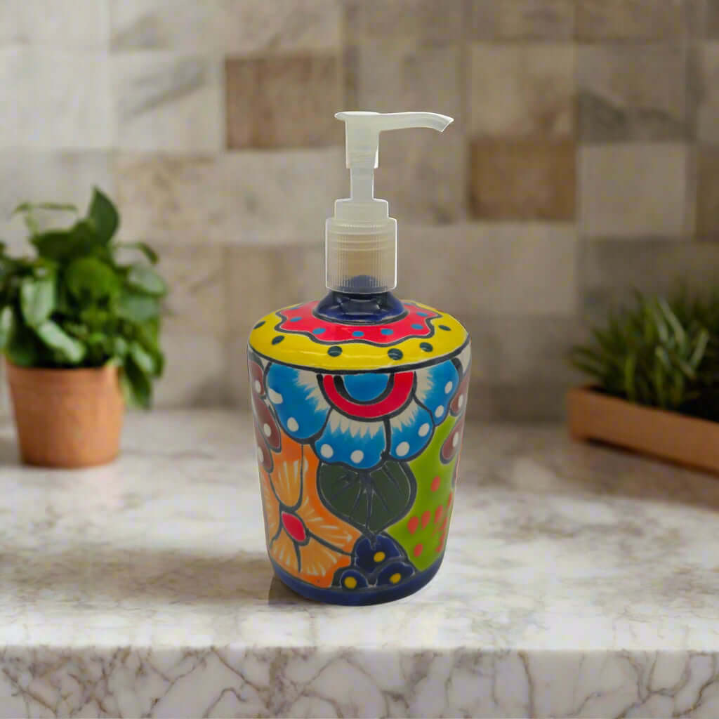 Dosificador de jabón floral Talavera | Cerámica mexicana pintada a mano