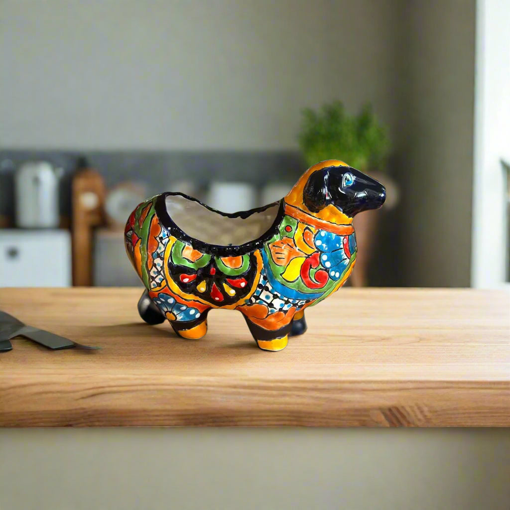 Maceta de carnero Talavera | Maceta de oveja de cerámica mexicana pintada a mano