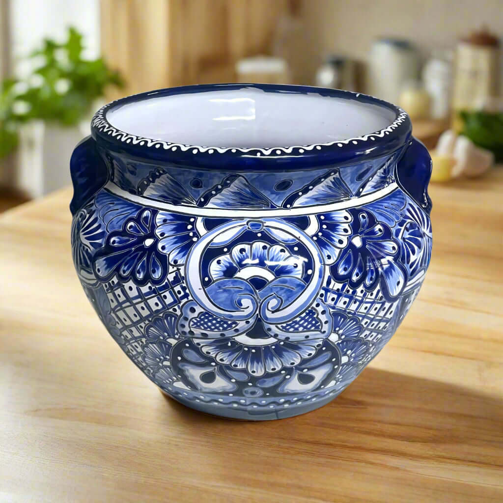 Maceta Talavera Artesanal | Jardinera Azul y Blanca