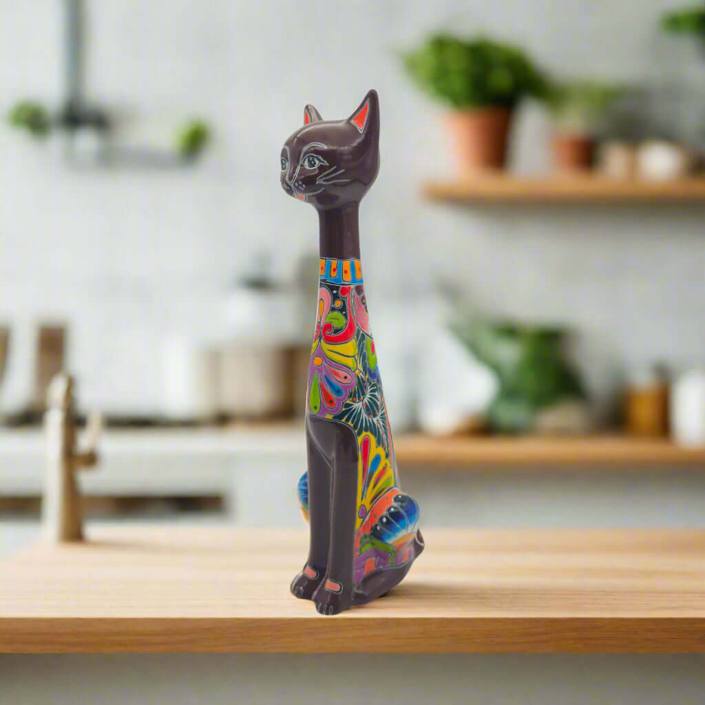 Estatua de Gato de Talavera Colorida | Arte Mexicano Hecho a Mano