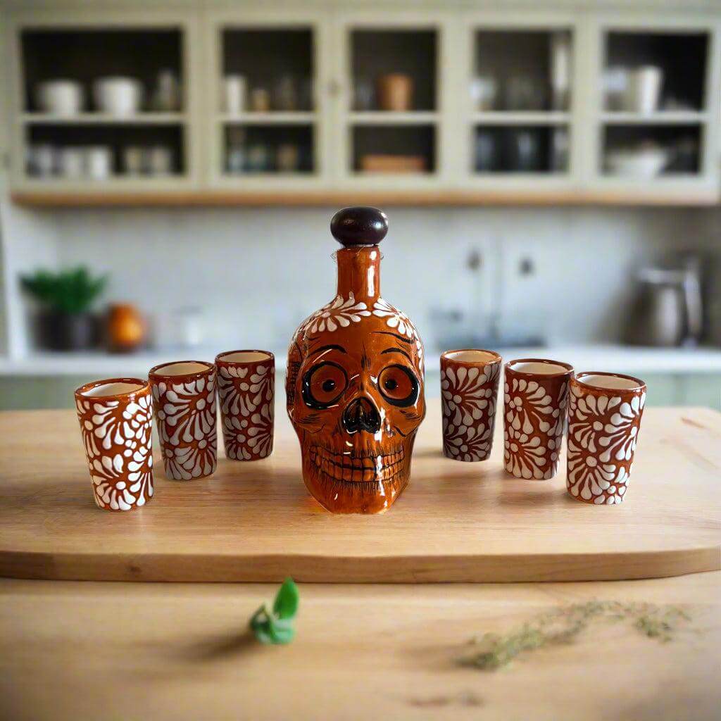 Juego de licorera de calavera artesanal | Cristalería mexicana marrón y blanca