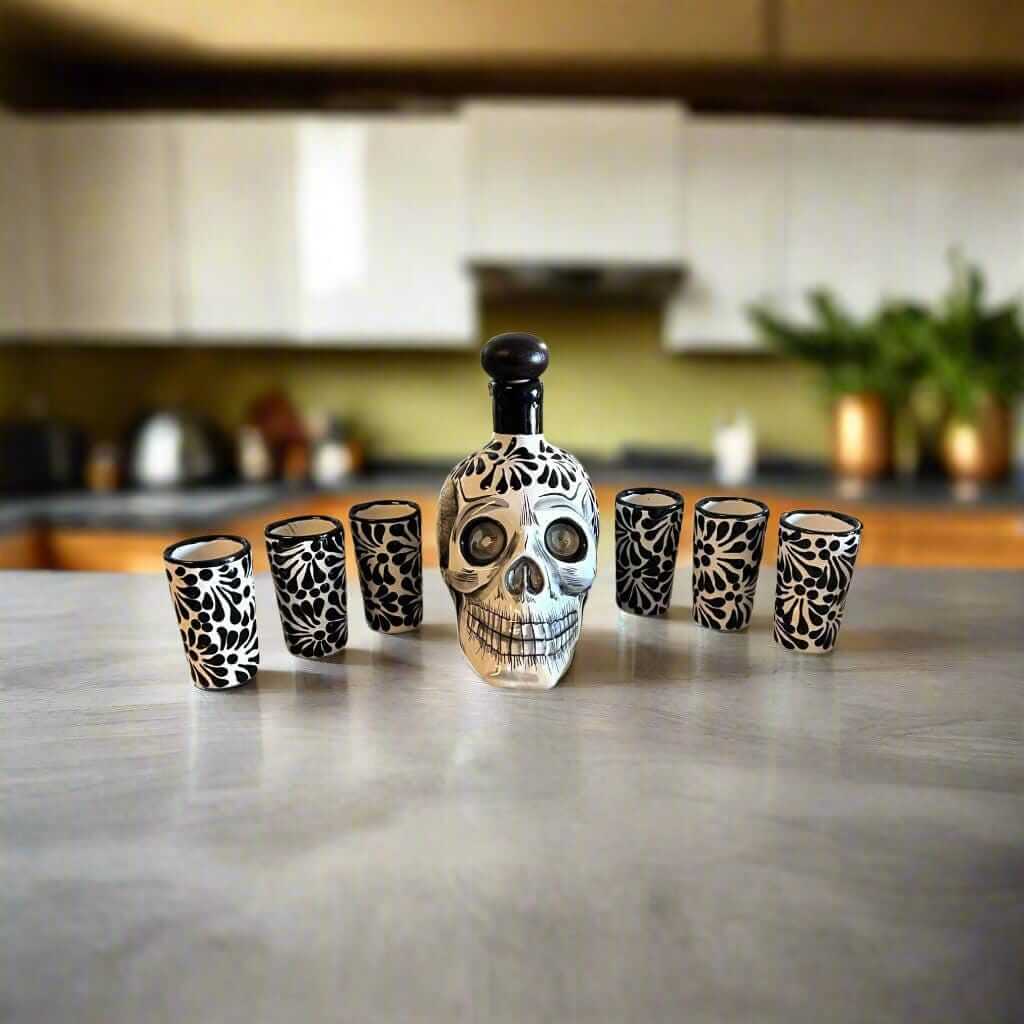 Juego de decantador de calavera hecho a mano | Cristalería mexicana en blanco y negro