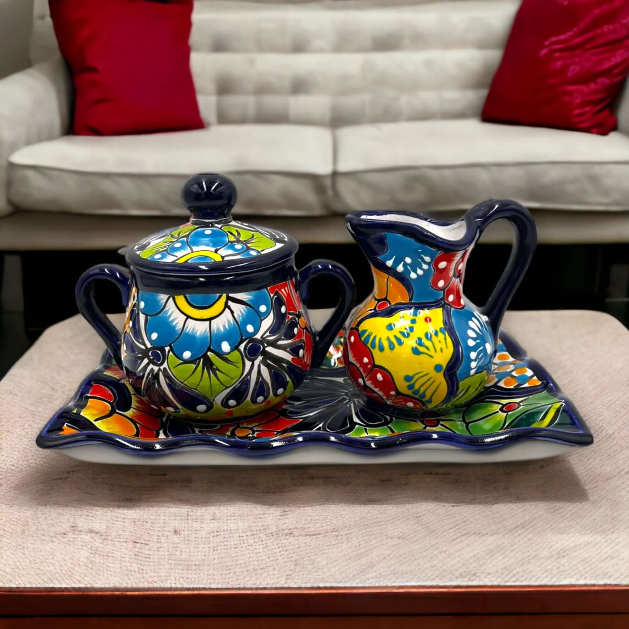 Juego de café Talavera vibrante de 3 piezas | Cerámica mexicana hecha a mano