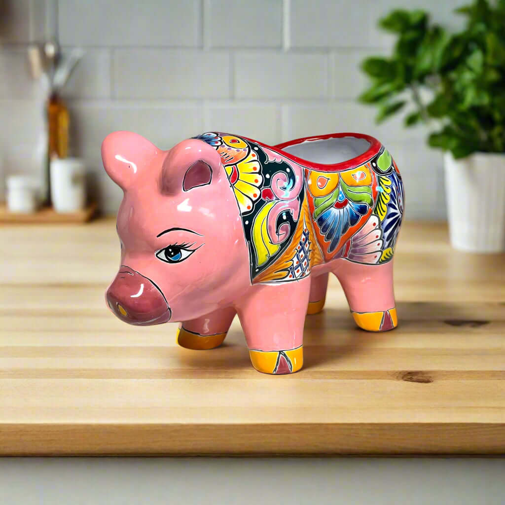 Macetero de Talavera con diseño de cerdito | Cerámica mexicana colorida pintada a mano