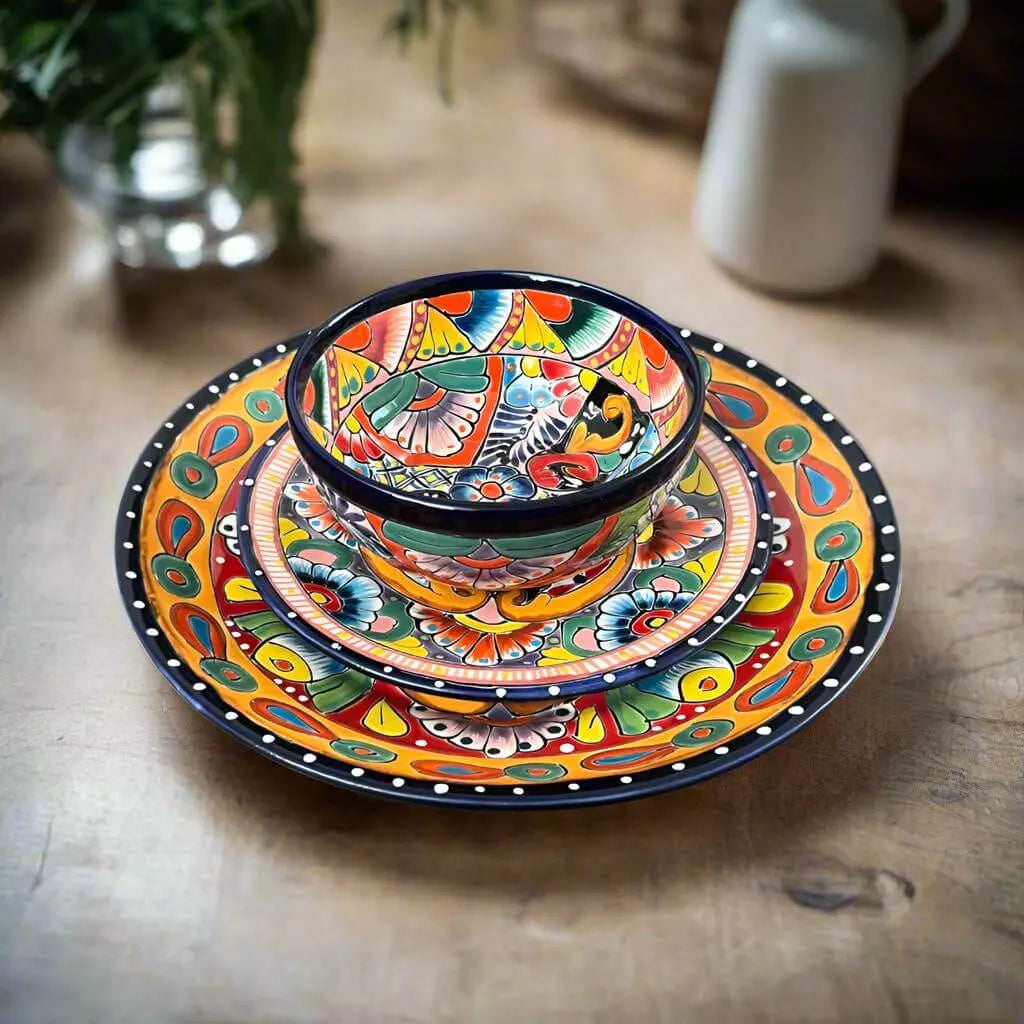 Juego de vajilla Talavera de 12 piezas hecho a mano | Cerámica mexicana para 4
