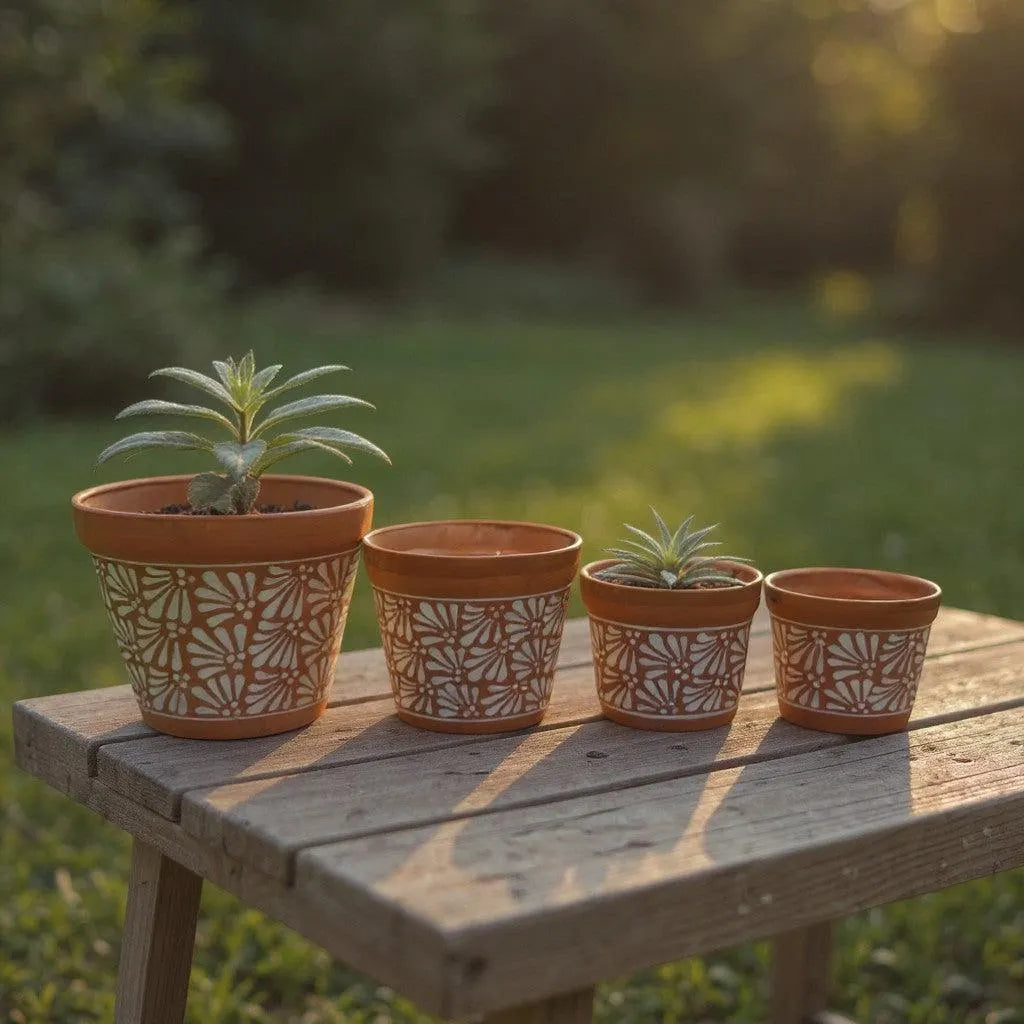 Juego de 4 macetas de Talavera | Jardineras de terracota marrones y blancas
