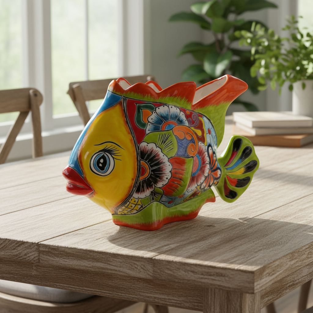 Maceta grande de talavera con forma de pez | Cerámica mexicana pintada a mano