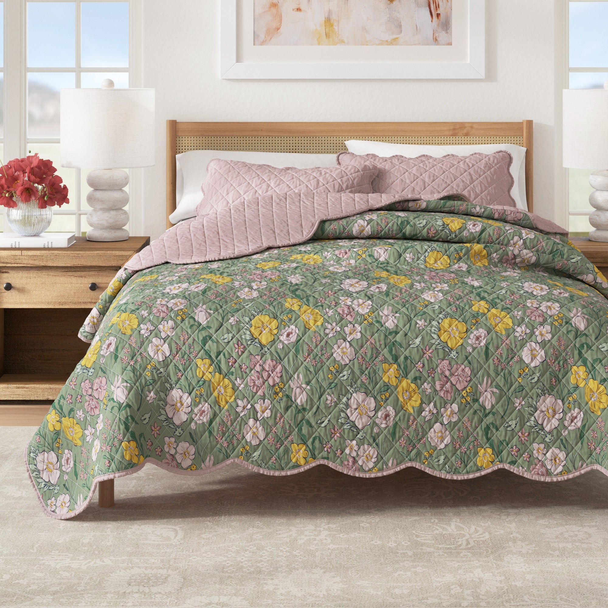 Juego de edredón de algodón con estampado floral y festoneado - Colección Gwen