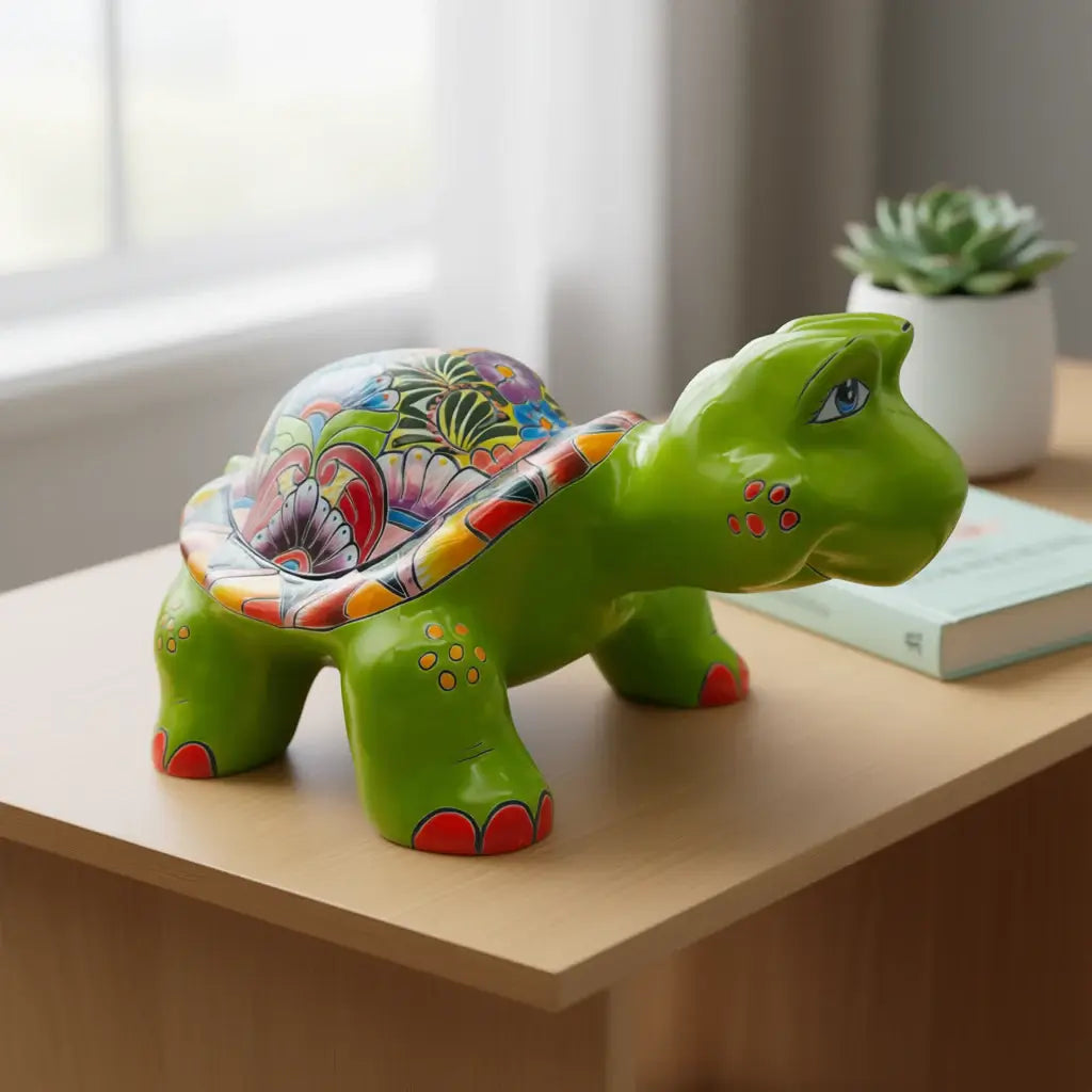 Estatua grande de tortuga de Talavera | Cerámica mexicana pintada a mano