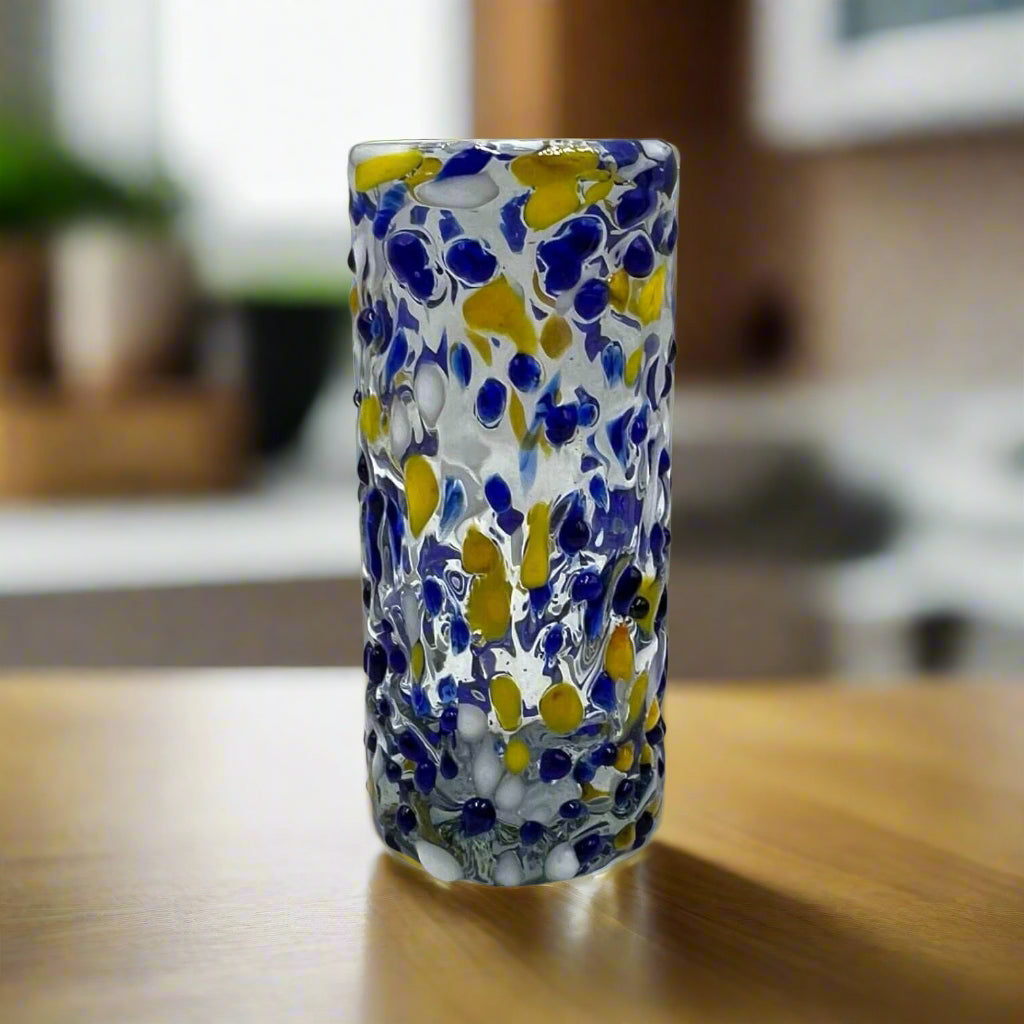 Vaso tequilero doble mexicano | Cristalería artesanal azul y amarilla