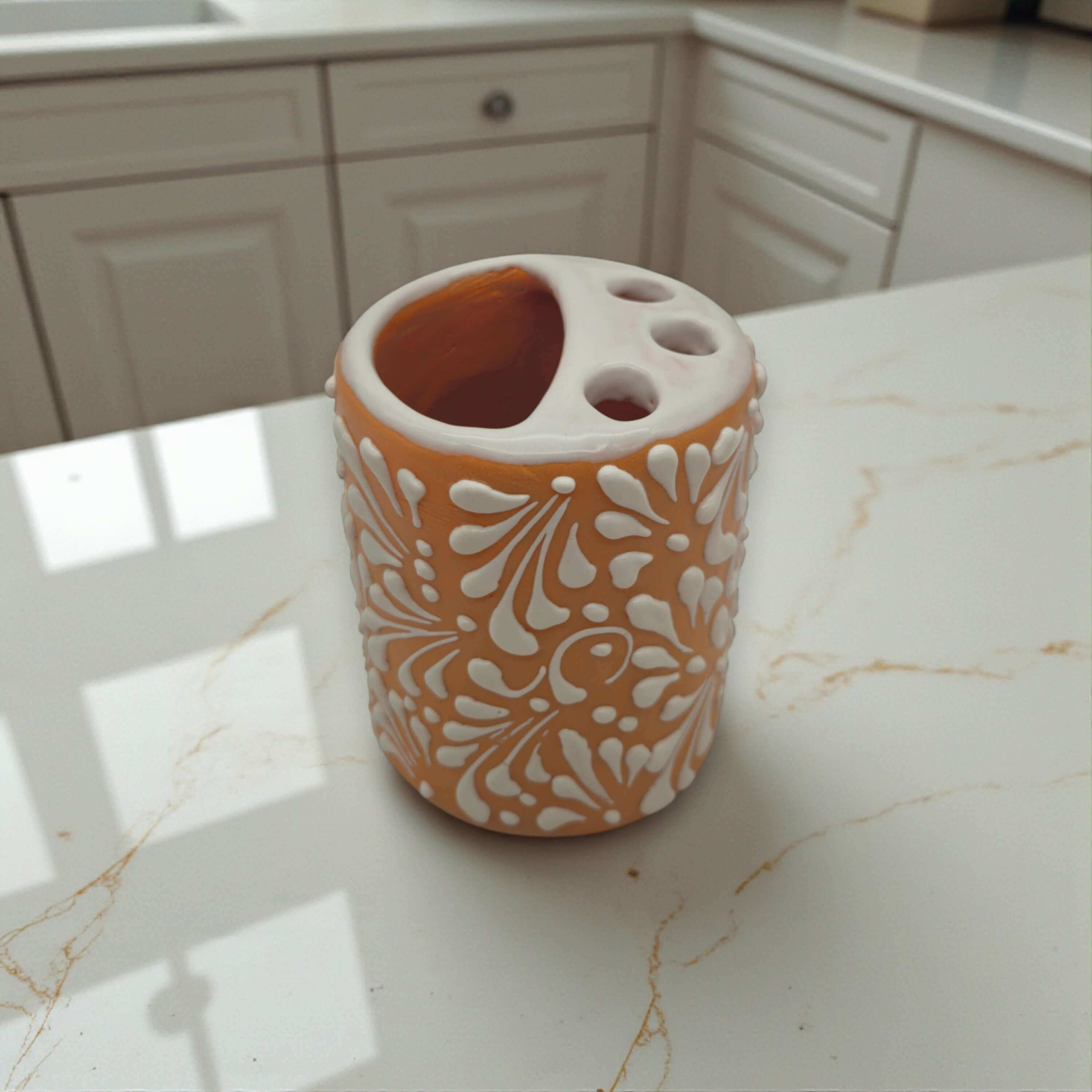 Portacepillos de dientes Talavera Naranja y Marrón | Decoración de Cerámica Mexicana
