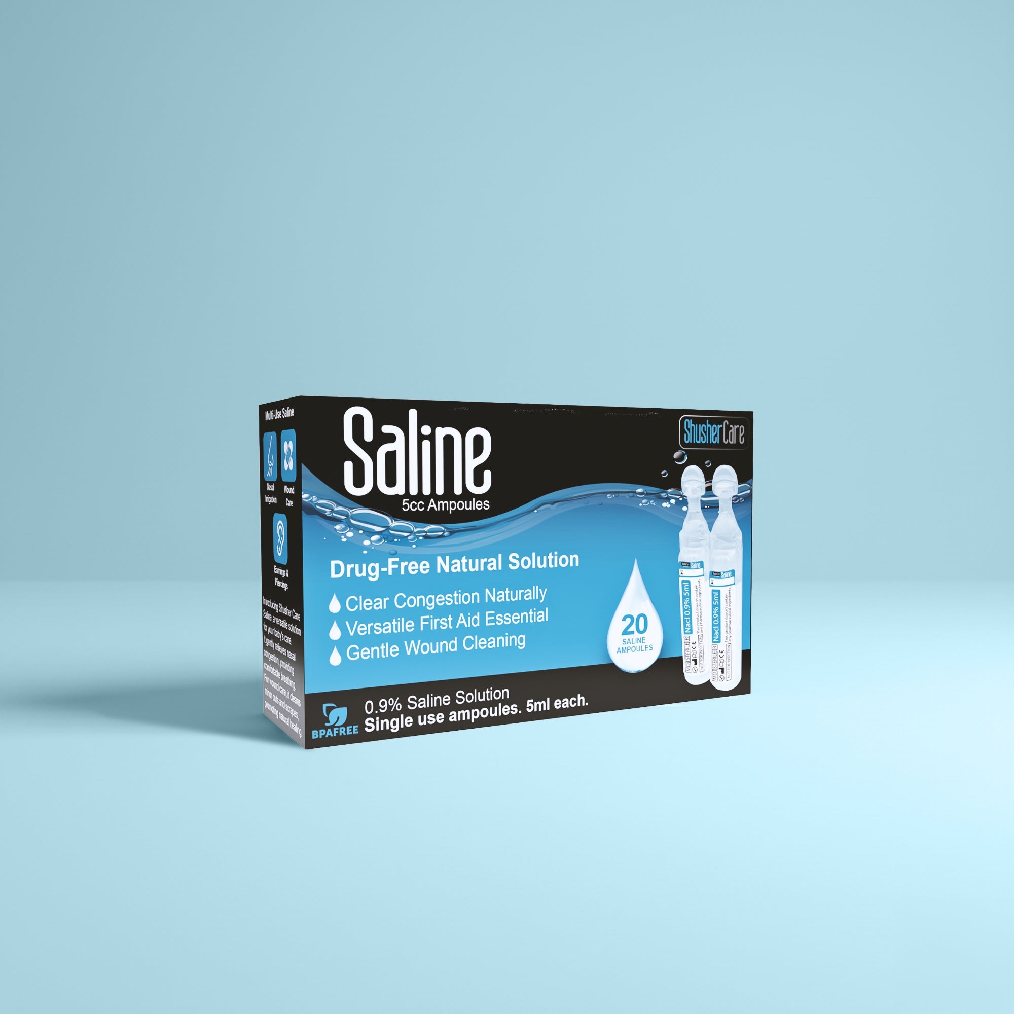 Ampollas de suero fisiológico Shusher Care – Solución salina estéril de un solo uso para el cuidado nasal, de heridas y perforaciones