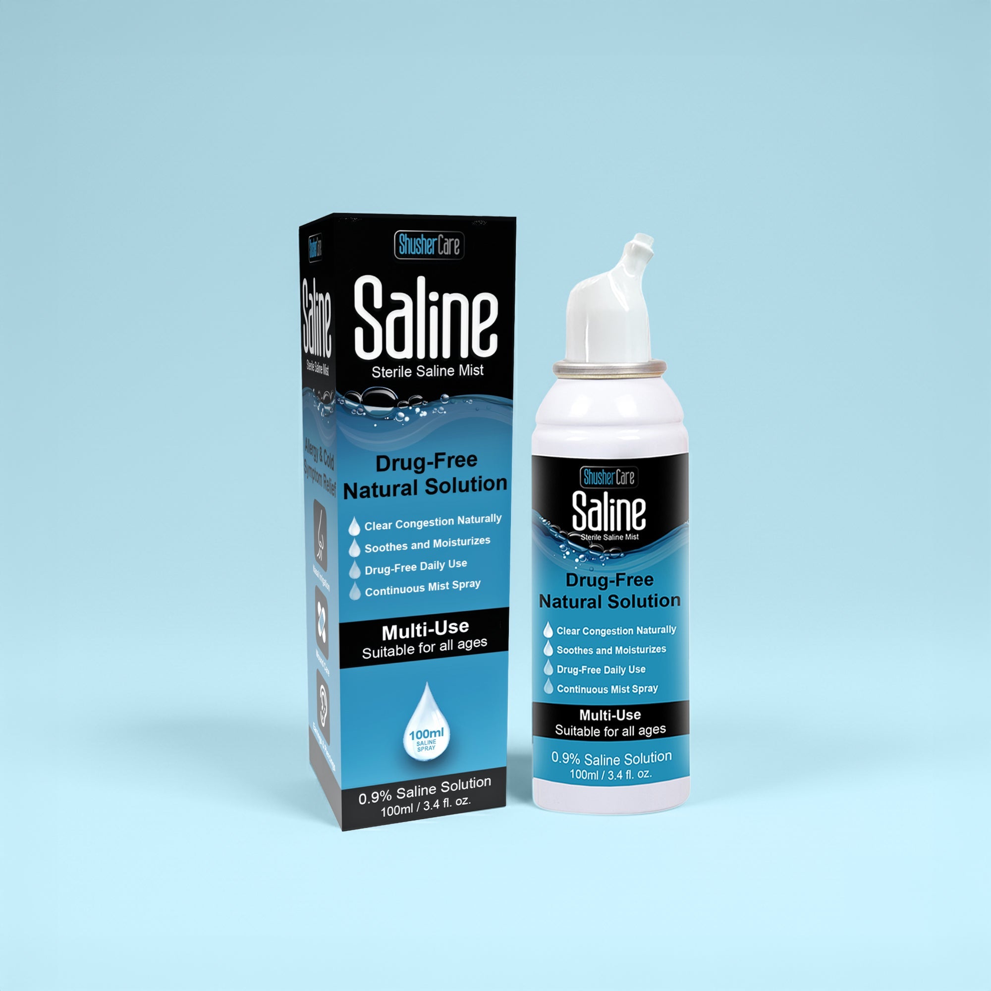 Shusher Care Spray de niebla salina – Solución salina estéril multiusos sin fármacos para el cuidado nasal, de heridas y piercings