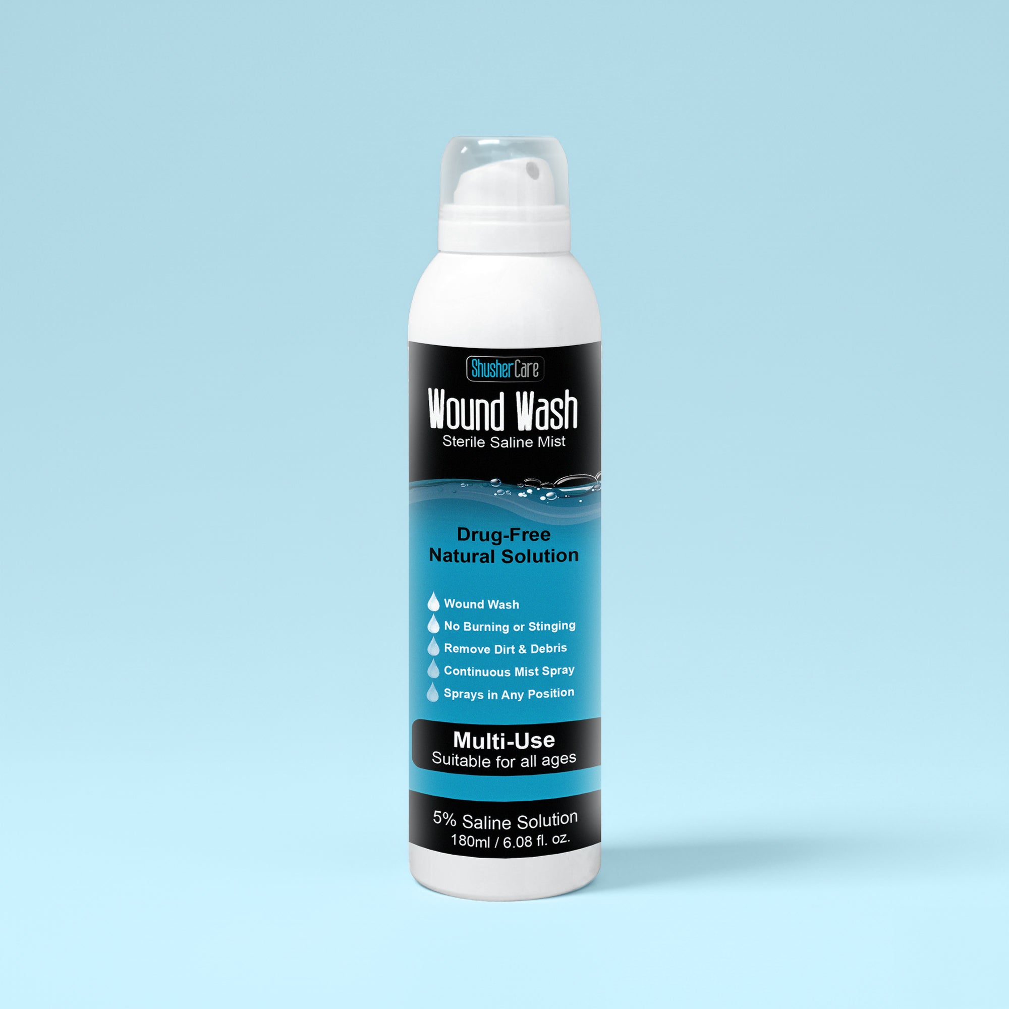 Shusher Care Spray Lavado de Heridas – Solución salina hipertónica estéril al 5% para cortes, rasguños e irrigación de heridas