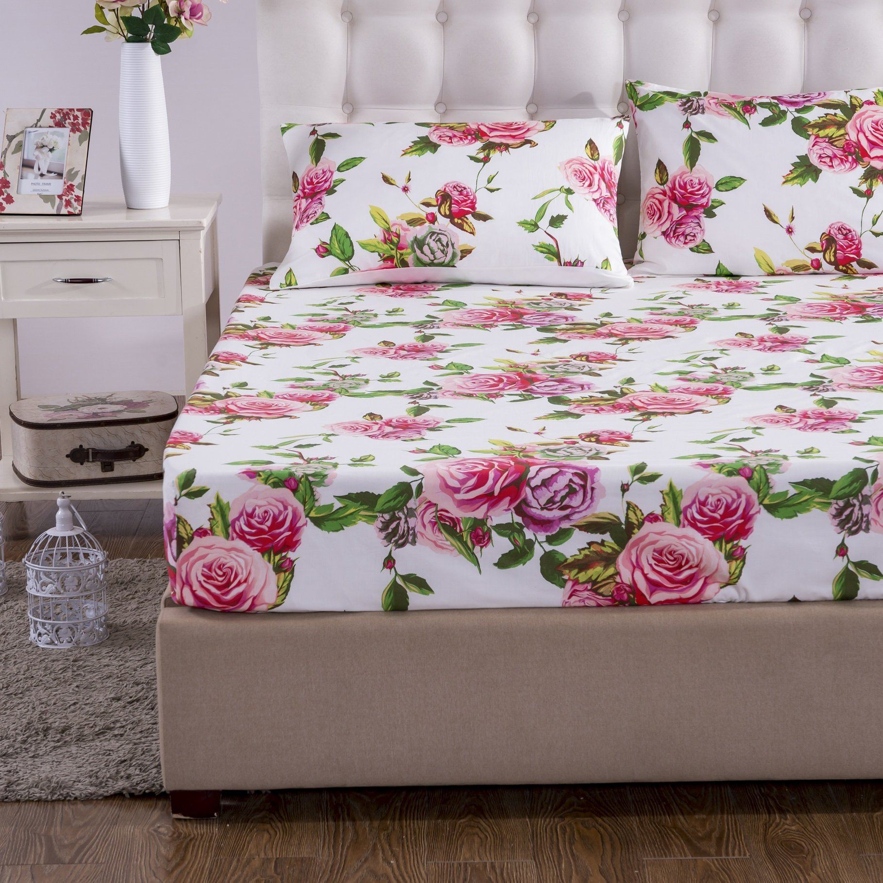 DaDa Bedding Sábanas Ajustables de Rosas Románticas Floreadas Rosas de Primavera con Fundas de Almohada (JHW879-Fitted)