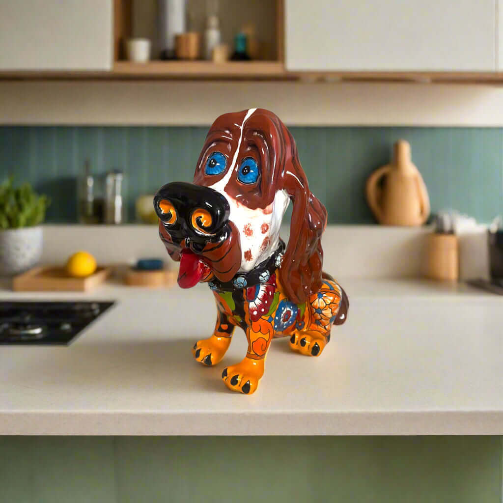 Estatua de Talavera de Cocker Spaniel | Arte canino mexicano colorido pintado a mano