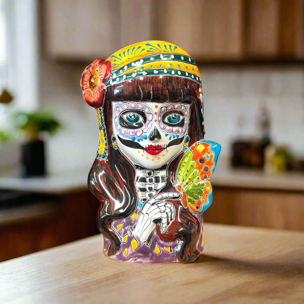 Macetero de Talavera con Calavera de Mariposa | Maceta de Cerámica Artesanal del Día de Muertos