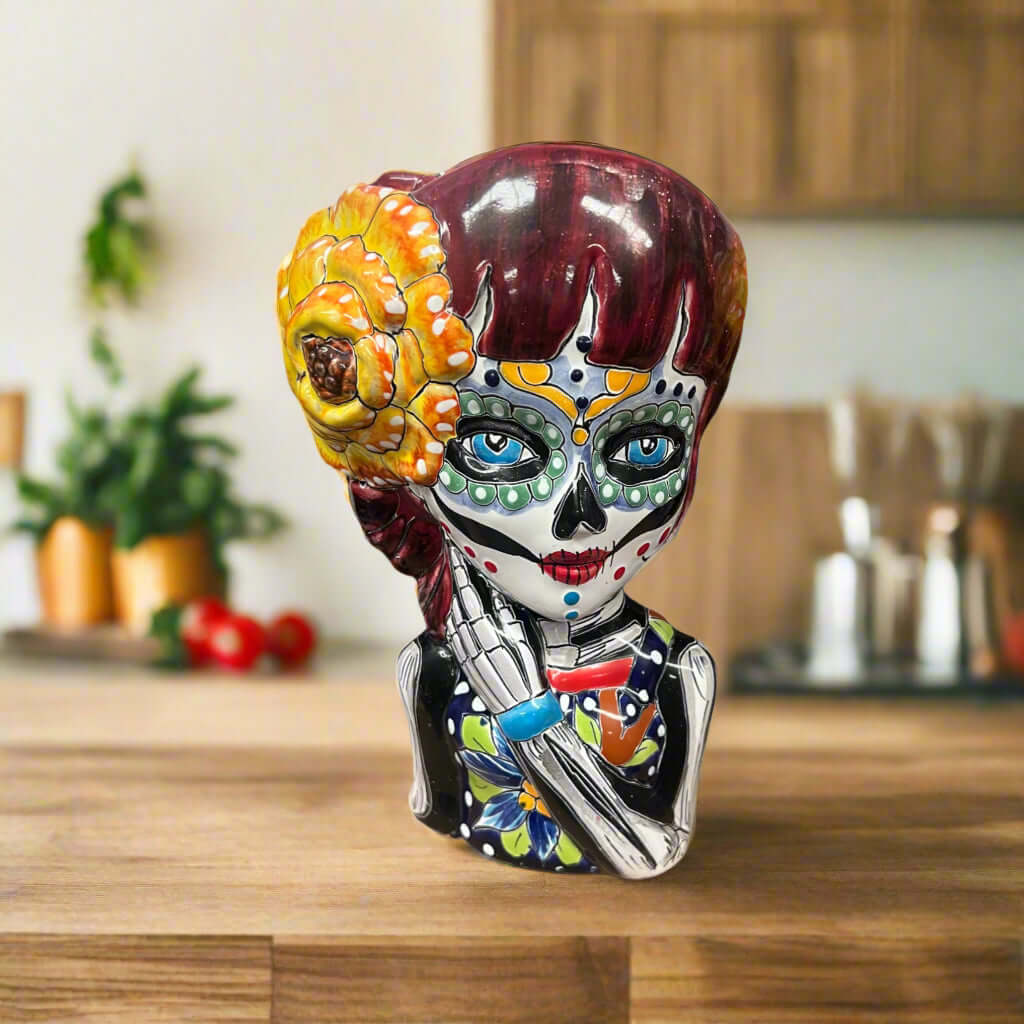 Macetero de calavera Talavera Día de Muertos | Maceta de cerámica de calavera hecha a mano