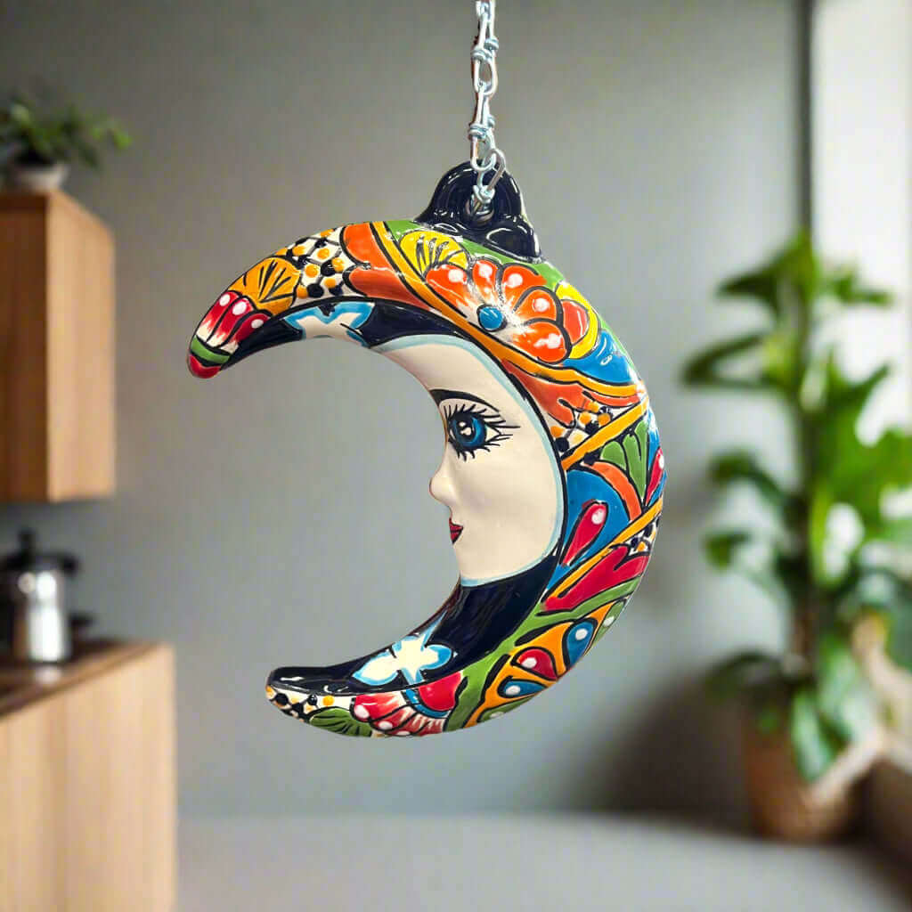 Cara de luna creciente de Talavera | Arte de pared mexicano para colgar
