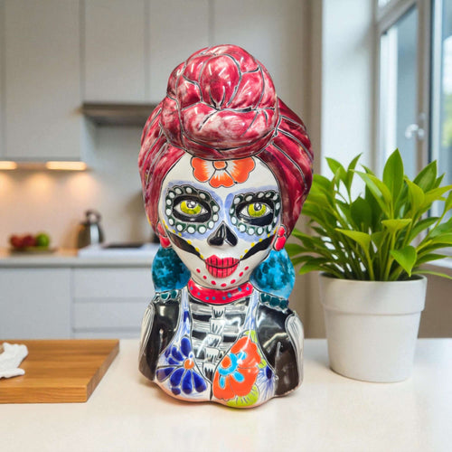 Talavera Skull Lady Planter | Colorful Day of the Dead Art