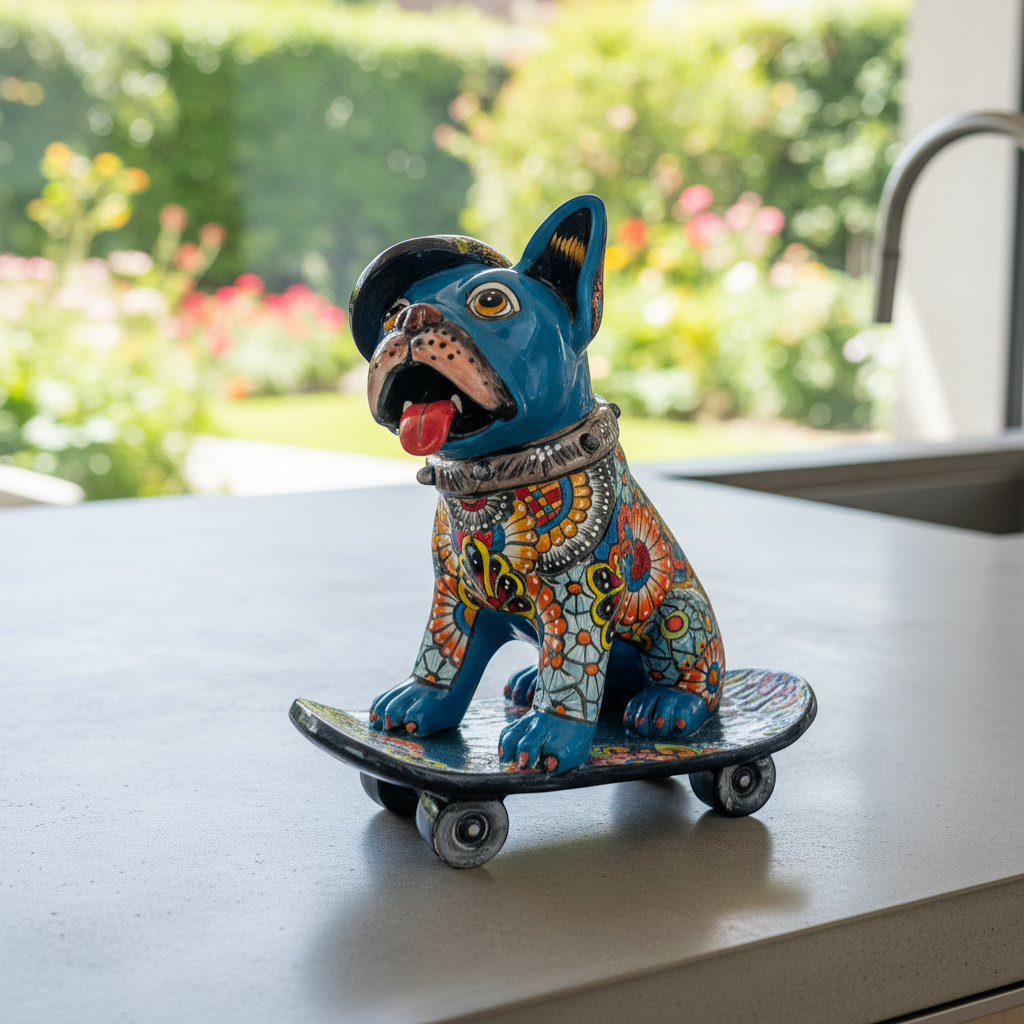 Estatua de Bulldog Francés Talavera | Arte Colorido de Bulldog en Patineta