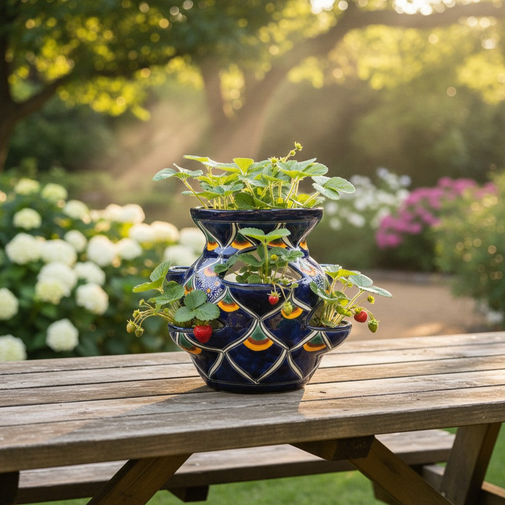 Maceta para fresas de Talavera | Diseño Pavo Real Azul