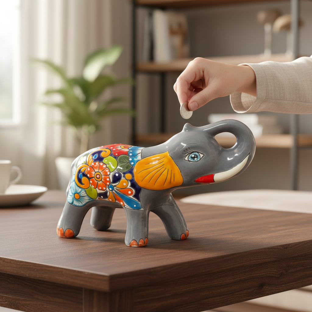Hucha de elefante de Talavera colorida | Hucha mediana hecha a mano