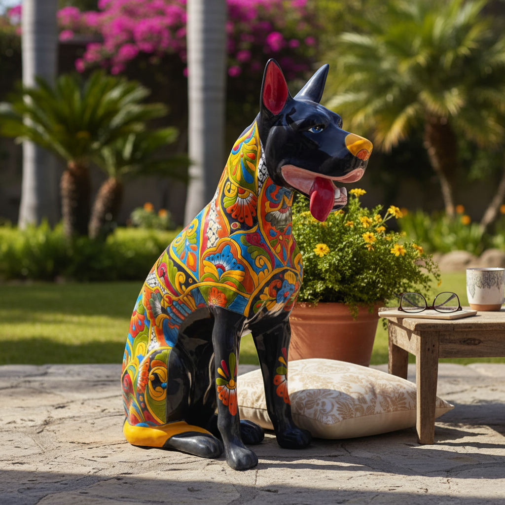 Enorme estatua de perro de Talavera | Escultura de cerámica mexicana colorida