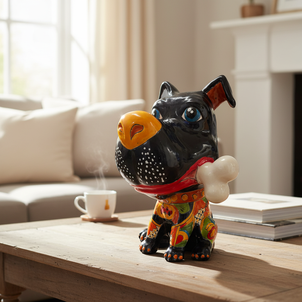 Perro Talavera con Hueso | Decoración Canina de Cerámica Pintada a Mano (Extra Grande)
