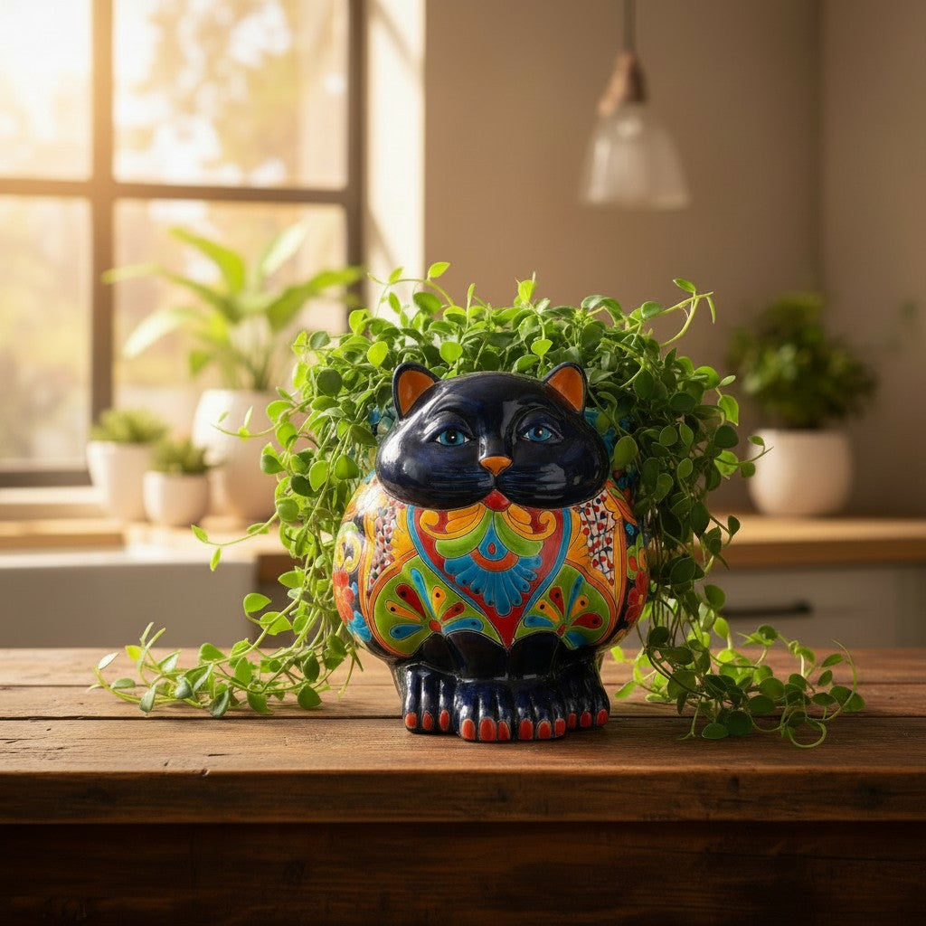 Macetero Talavera Gato Gordo | Cerámica Mexicana Hecha a Mano
