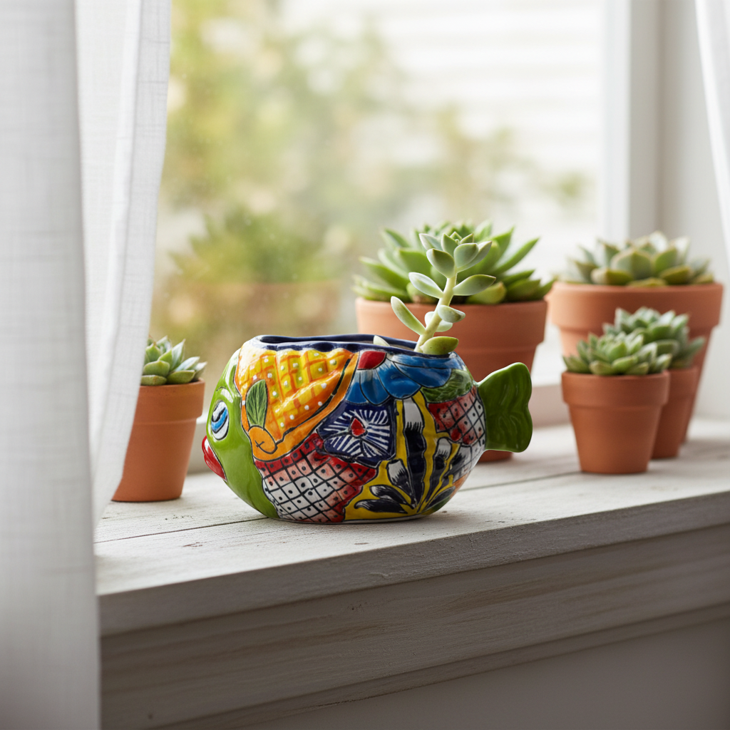 Macetero de Talavera pequeño con forma de pez | Cerámica mexicana pintada a mano y colorida