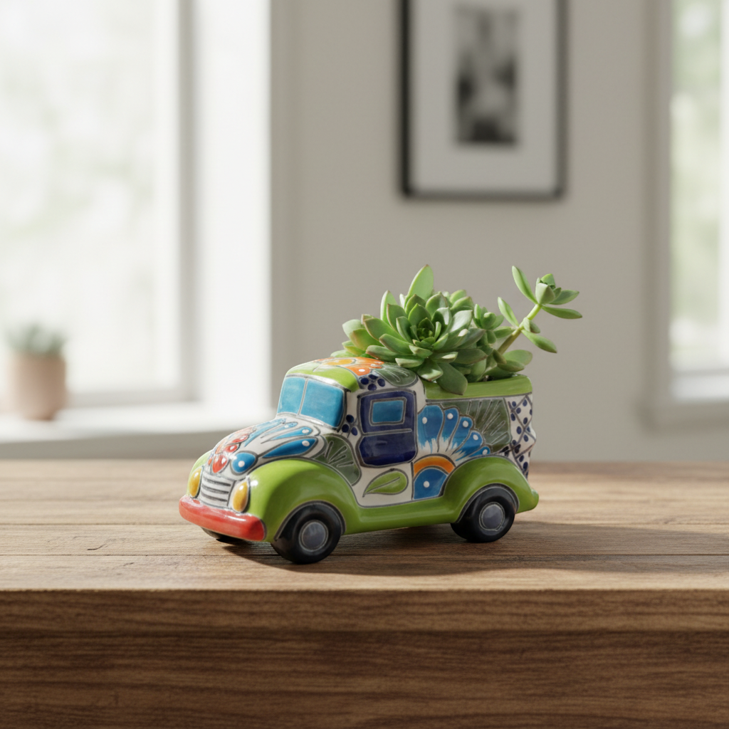 Macetero de Coche Talavera Pintado a Mano | Estatua de Coche de Cerámica Colorida (Pequeño)