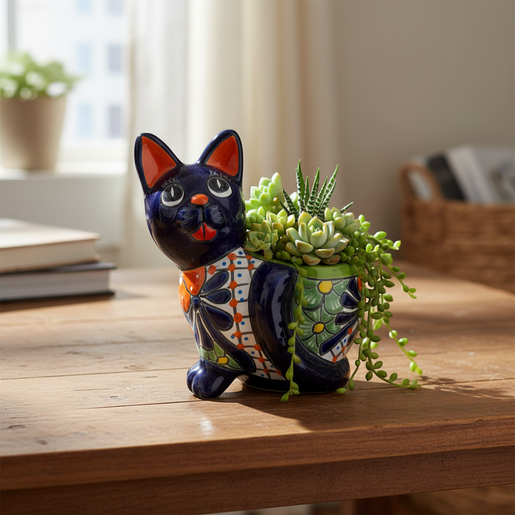 Maceta de Gato Hecha a Mano | Obra de Arte de Talavera de Gato Pintada a Mano (Tamaño Mediano)