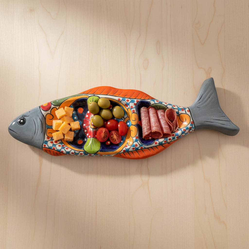 Sección de Pescado Talavera Hecho a Mano | Bandeja de Servir Grande y Colorida