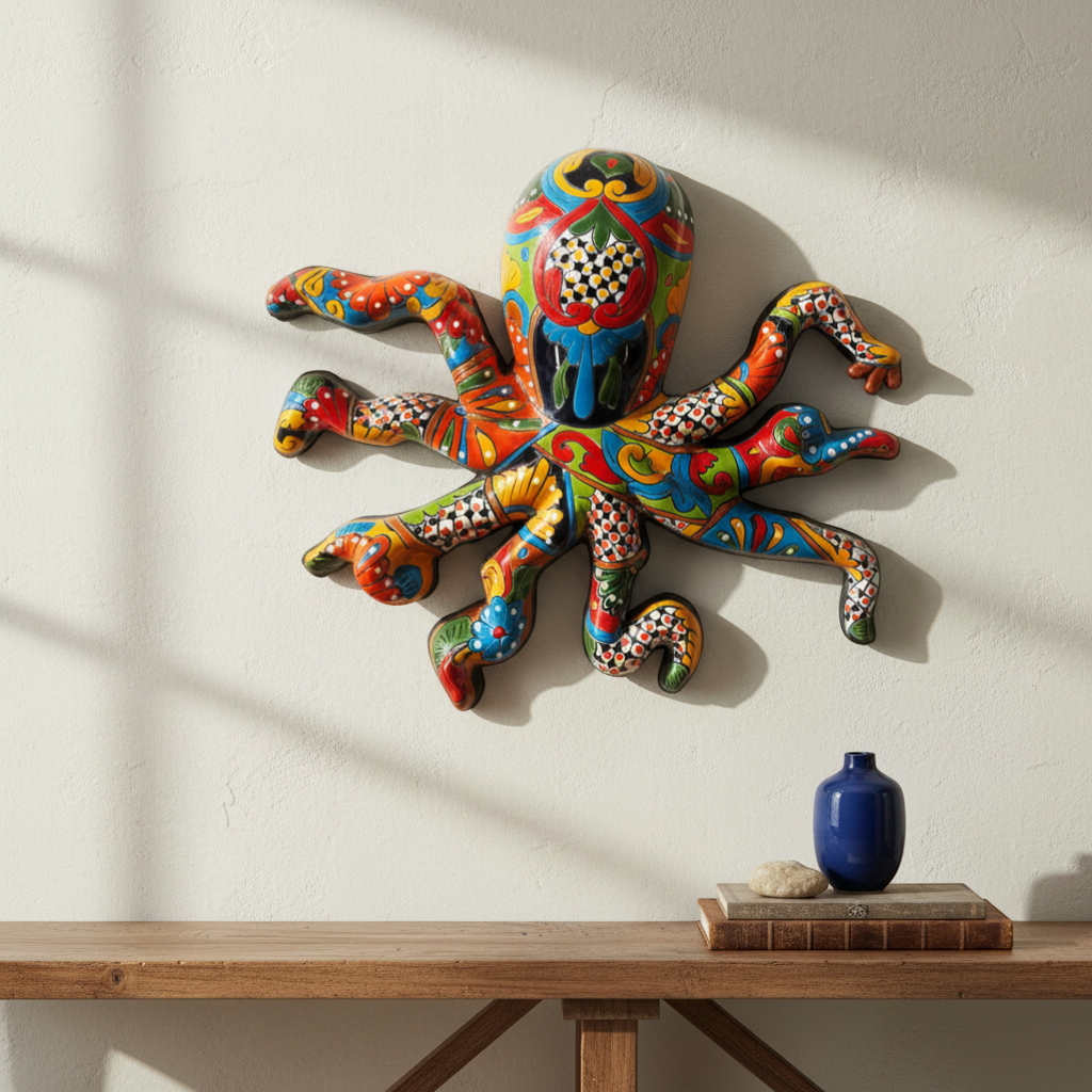Arte de Pared de Pulpo Hecho a Mano Mexicano | Talavera Pintada a Mano (Grande)
