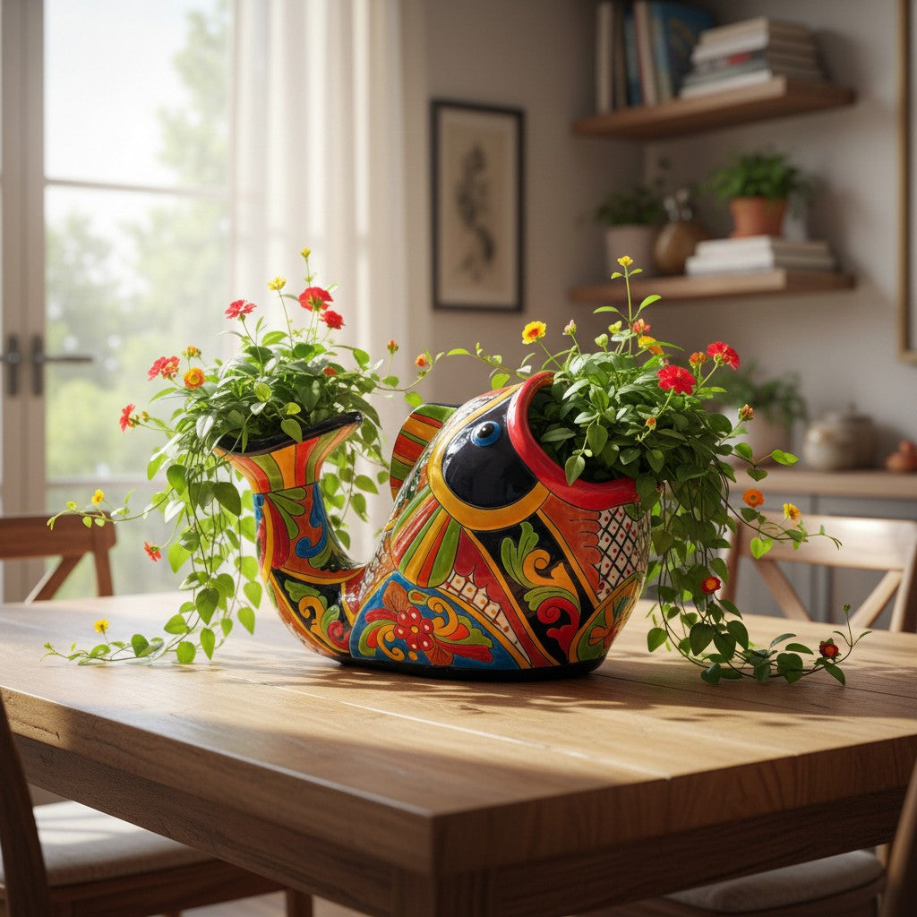 Maceta de Talavera con forma de pez | Decoración mexicana de cerámica pintada a mano