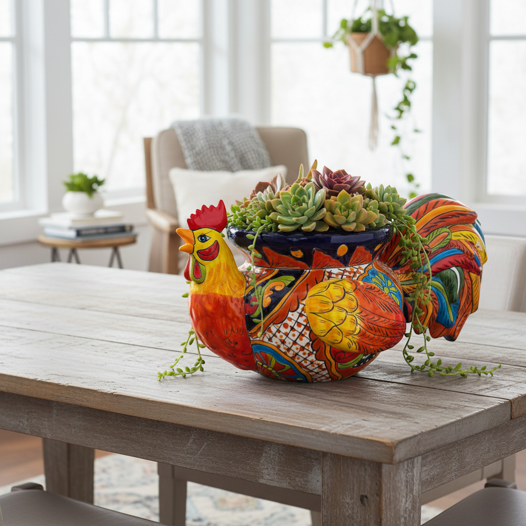Macetero de gallo Talavera | Maceta de cerámica mexicana colorida hecha a mano