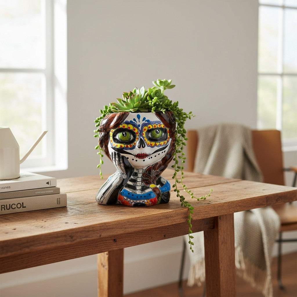 Macetero de Talavera Calavera | Maceta del Día de Muertos pintada a mano