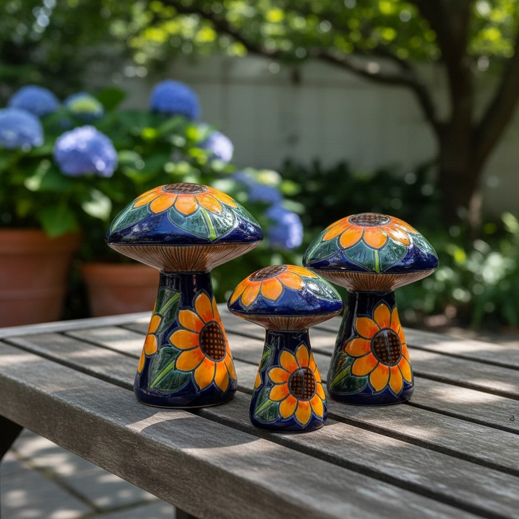 Juego de 3 hongos de Talavera | Arte colorido de girasol
